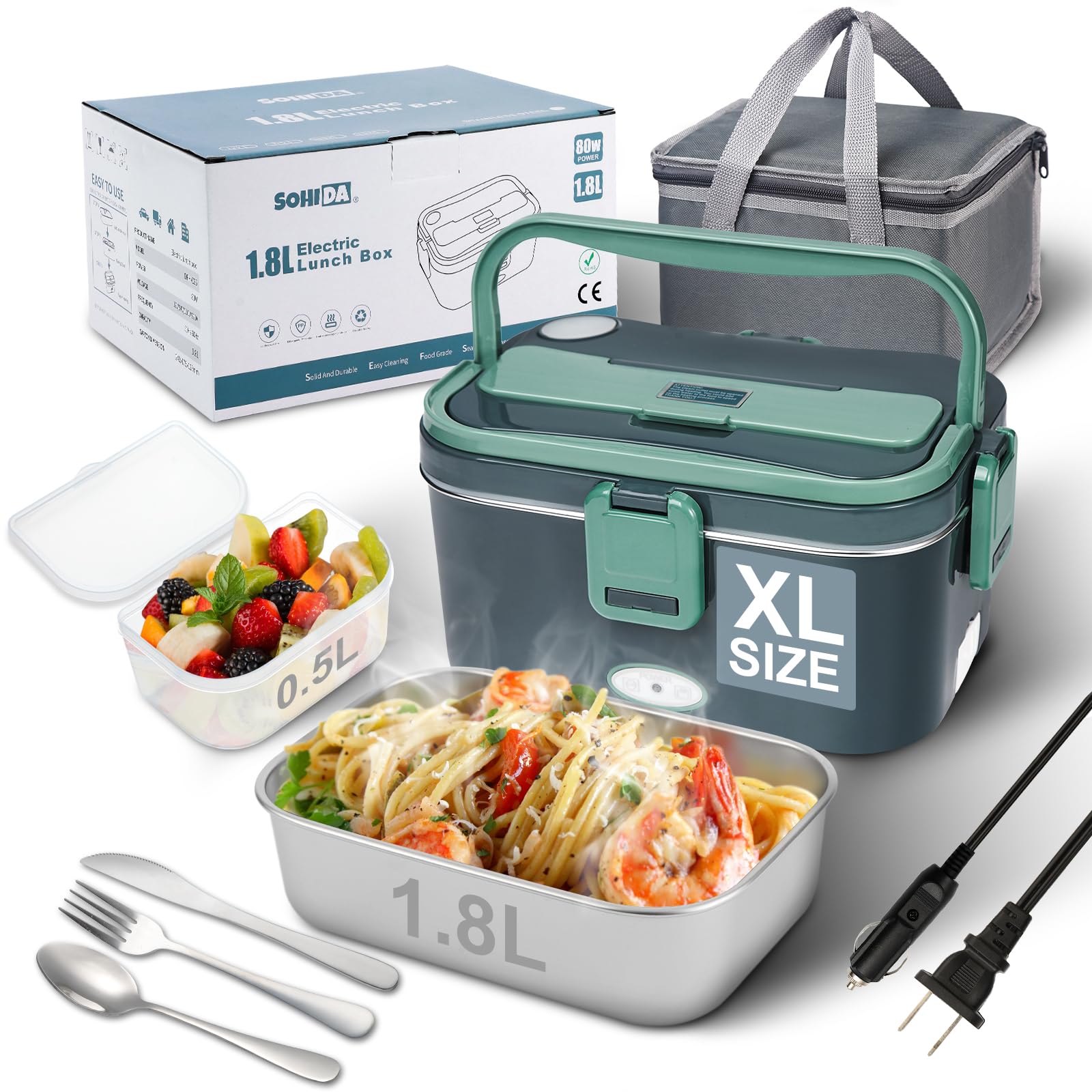 Photo 1 of SOHIDA 1.8L Heated Lunch Box, 80W Electric Lunch Box with Long-handled Utensils for Adults, 12V/24V/110V Lonchera Eléctrica Portátil, Portable Food Warmer for Car/Truck/Office (Blue-Green)