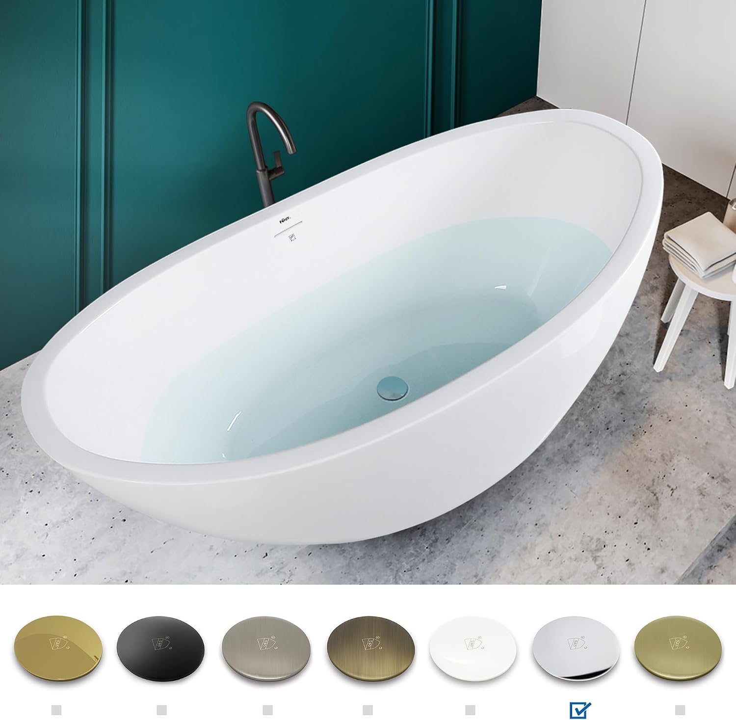 FerdY Naha 67" Acrylic Freestanding Bathtub, Curve Edge Freestanding Soaking Bathtub, Glossy White, cUPC Certified, Toe-Tap Chrome Drain & Overflow Assembly Included, 02588