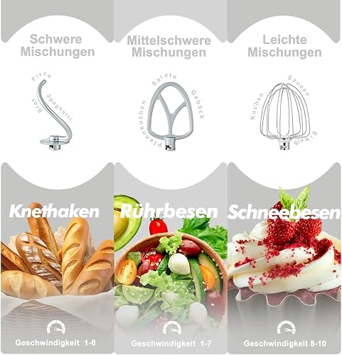 Kitchen in the box Küchenmaschine, 4,5 L & 5 L Knetmaschine, 10+P Geschwindigkeits Teigmaschine mit Knethaken, Rührhaken und Schneebesen, 1300 W, Weiß - 5