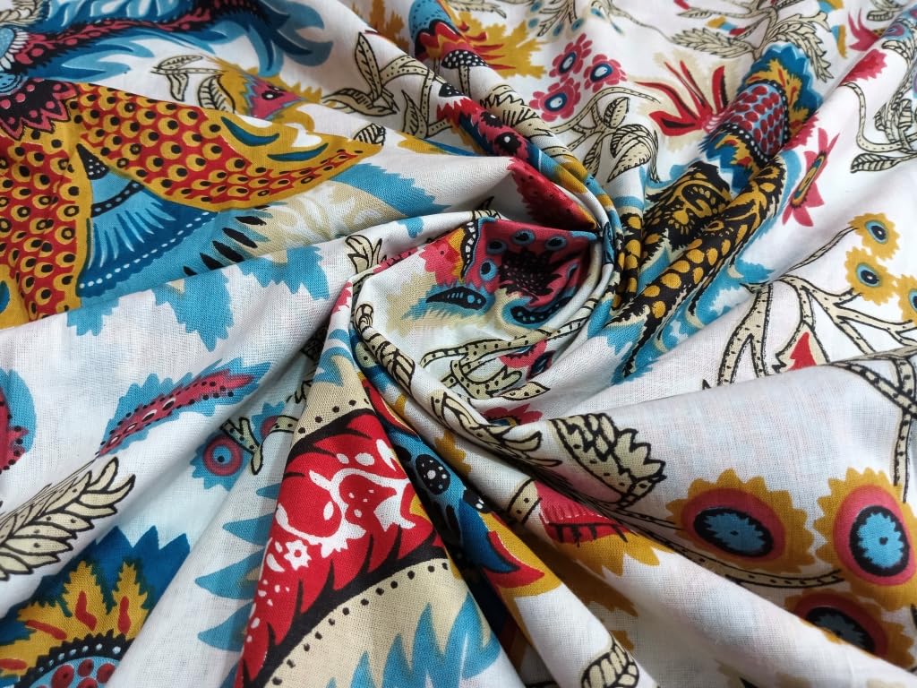 Vintage Floral Print Cotton Fabric | 44” Wide | Bohemian Ethnic Print | 60x60 Soft & Breathable Fabric by The Yard | Ideal for Sewing, Quilting & Dressmaking (White, 5 Yard)-image-11