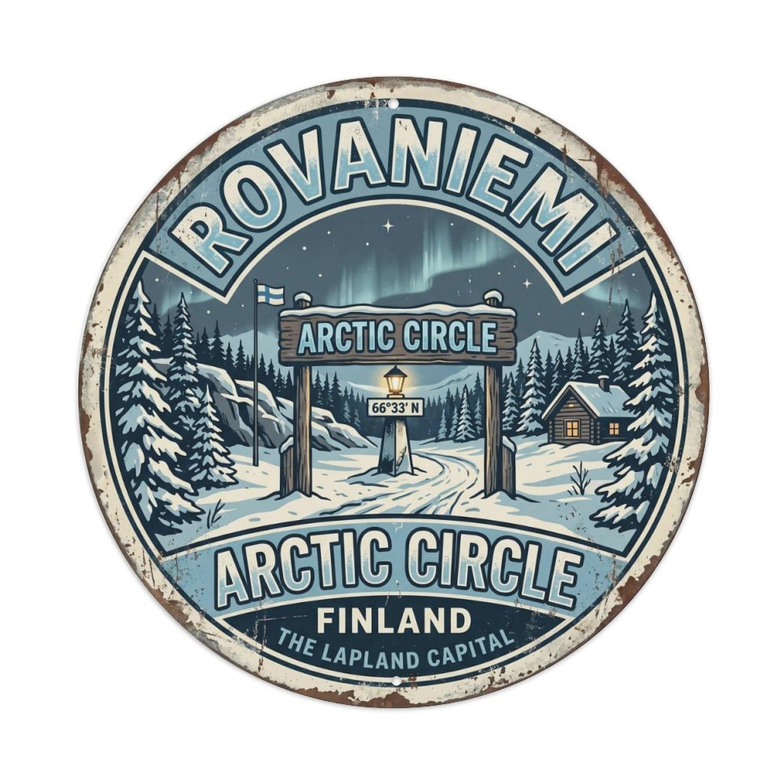Vintage Travel Rovaniemi Arctic Circle Metal Tin Sign Plaque Wall Decor for Cafe, Club, Garden Round Metal Poster 8x8Inch