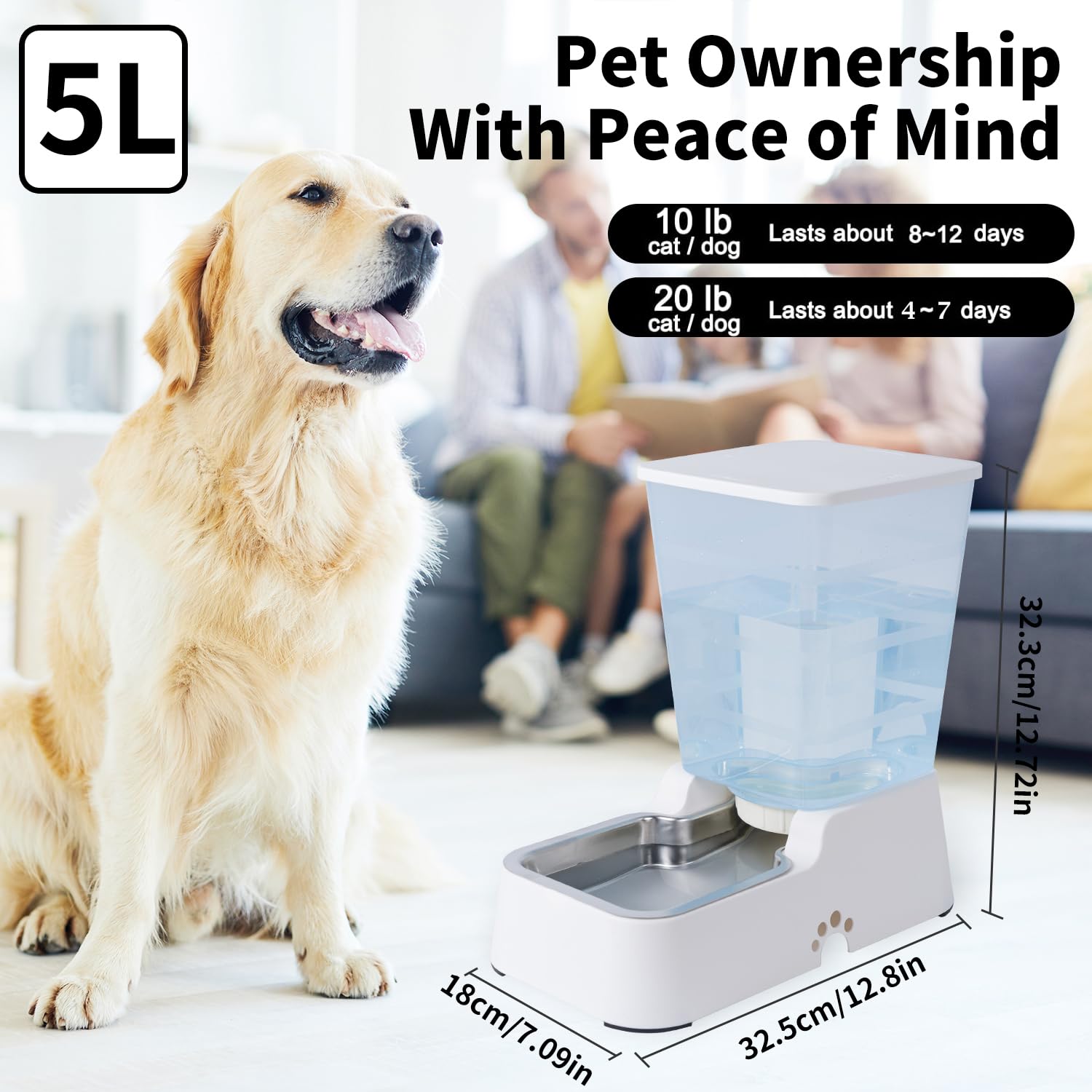 Distributore automatico di cibo per cani e cani da 5 l, distributore di acqua per gatti e gatti di taglia media e grande, per cani e altri animali domestici (distributore d'acqua bianco da 5 litri)