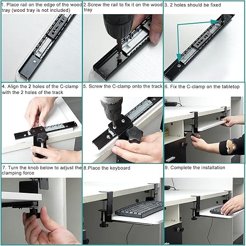 Miniatura 2 de Juego de 2 bandejas para teclado debajo del escritorio y riel para bandejas de teclado de madera personalizadas (bandeja no incluida), pista