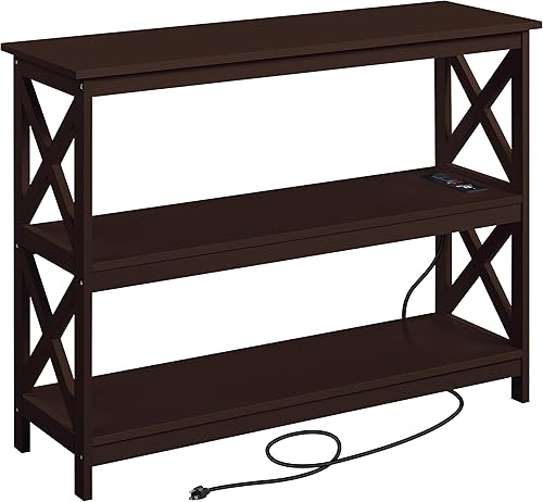 Topeakmart Mesa consola con 2 tomas de corriente y 2 puertos USB, mesa de entrada de 3 niveles con marco de madera y diseño en forma de X, mesa de