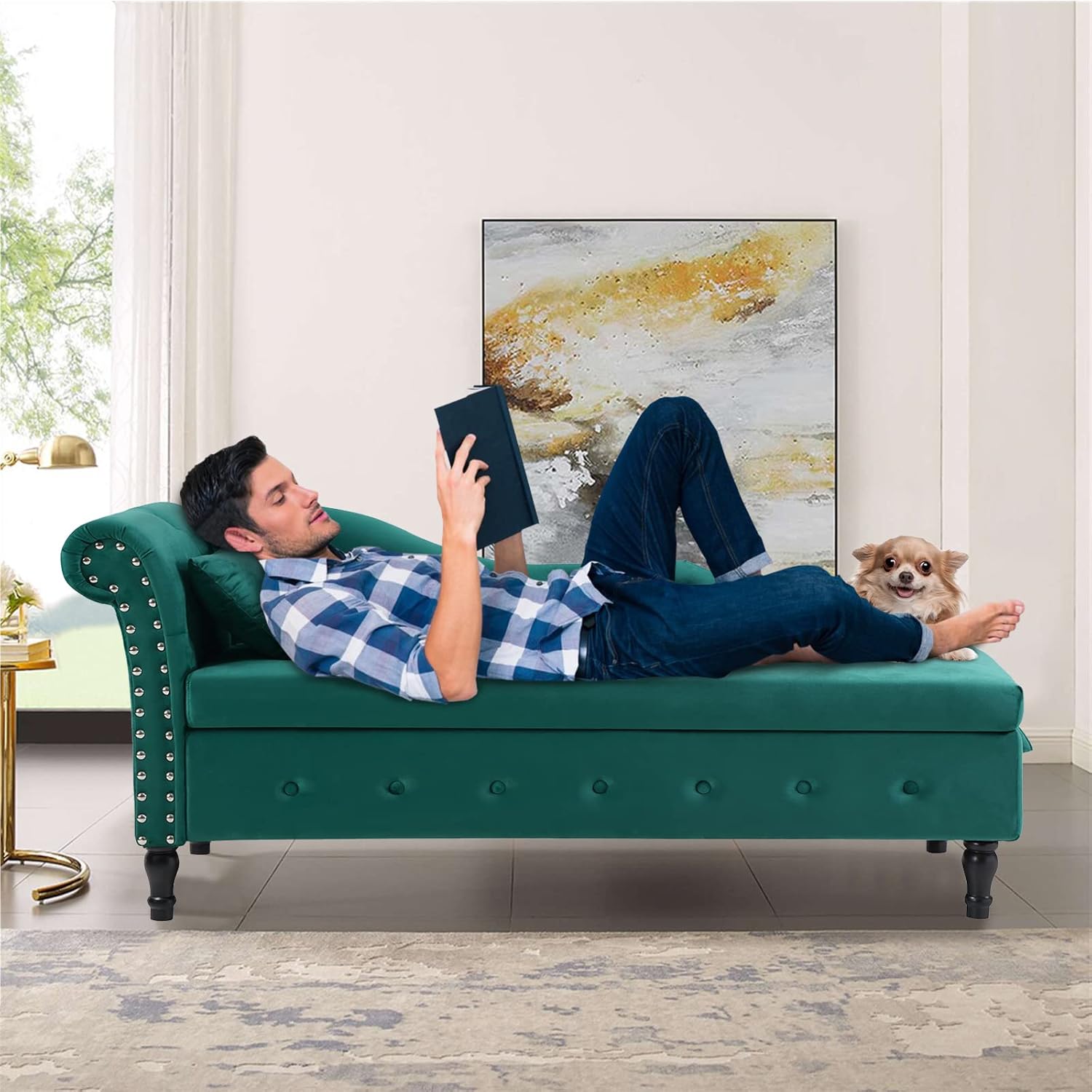 Betoko Velvet Storage Benches End of Bed 60" Rolled Arm Bedroom Storage Ottoman Bench Chaise Lounge Sofa for Living Room Elegant Entryway Window Bench with Nailhead Trim and Button Tufting (Green)