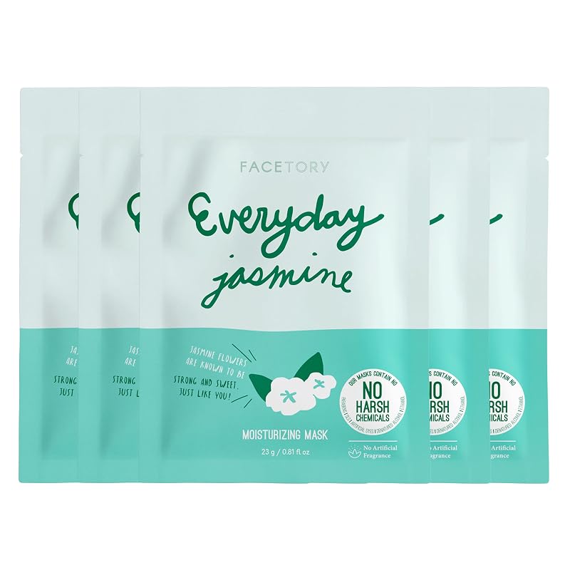 FACETORY Everyday Jasmine Máscara facial coreana com extrato de jasmim e aloe vera, pacote com 5