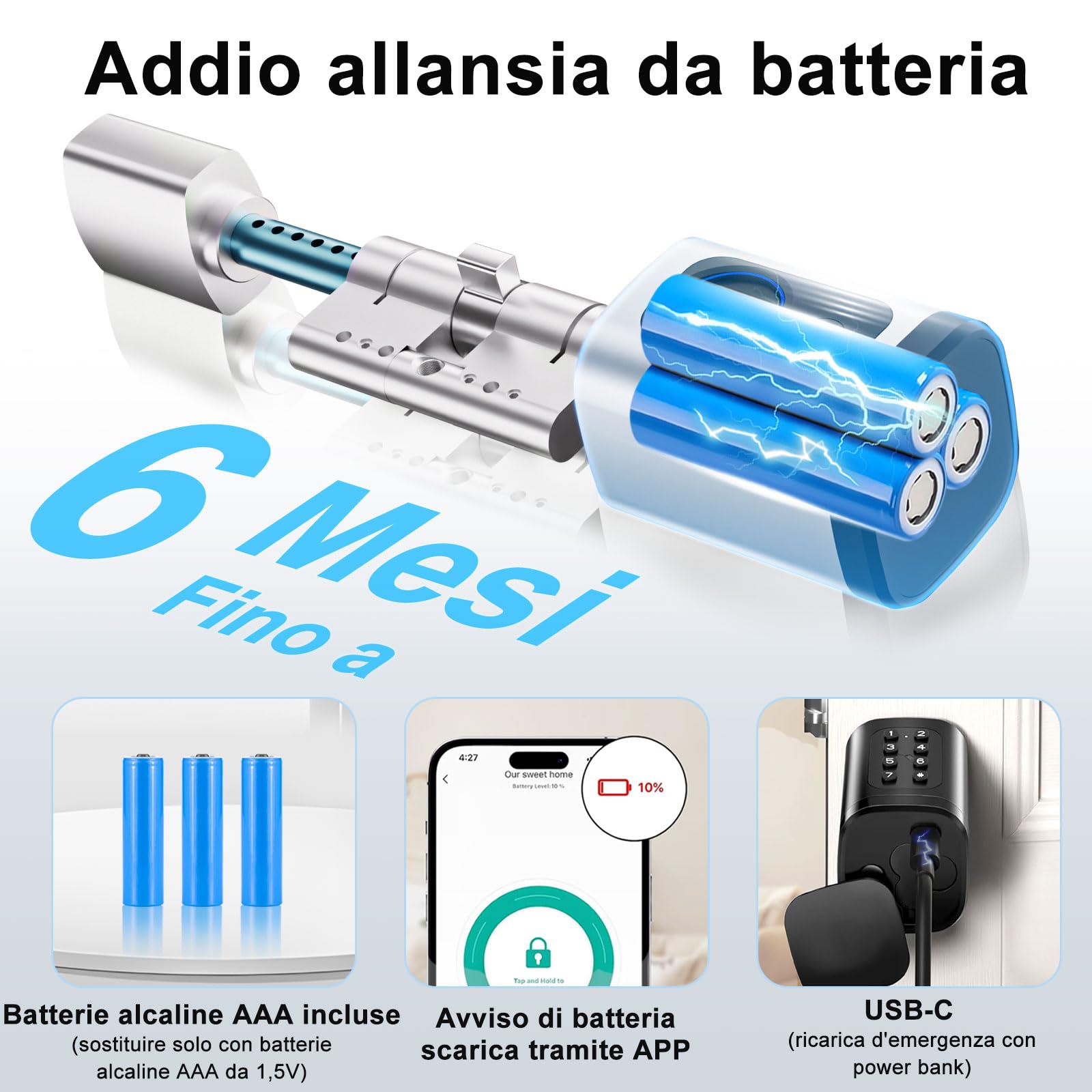Serratura smart, serratura elettrica porta blindata con impronta digitale, lunghezza regolabile serratura elettrica con scheda RFID, app, WiFi, Bluetooth, 60–90 mm, accessori di prolunga, argento