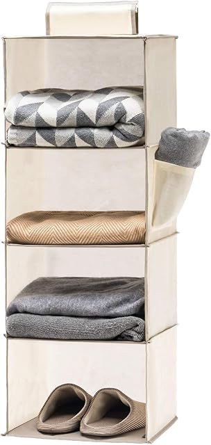 YOUDENOVA Hanging Shelves Wardrobe Storage Organiser 4 Shelves With Side Pocket Bedroom Storage Solutions for Clothes Shoes Beige