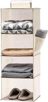 YOUDENOVA Hanging Closet Storage Organizers 4 Shelves Wardrobe Storage Hanging Shelves With Side Pockets Clothes Organiser Bedroom Storage Beige