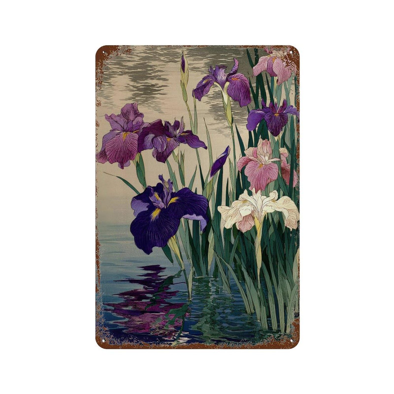 xiaoxiaoshen Iris Flowers. Japanese Woodblock Style Floral Traditional Wall Decor Art Metal Tin Poster Modern Home Decor Art Home Bar Shop Decorations Vintage Sign 30x20cm