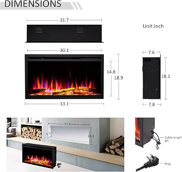 LegendFlame 33 W Smart Wall Mount & in Wall Recessed Electric Fireplace Insert, Heater 750W/1500W, Multi Colors of Flame & Fuel Bed, Alexa/Google Assistant Enabled