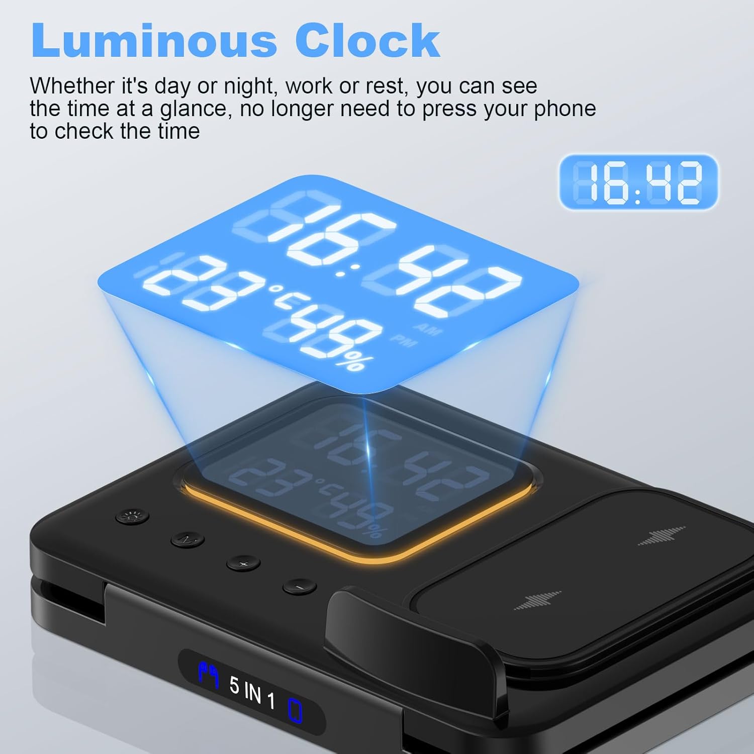 Gerbala 5-in-1 Wireless Charger with illuminated digital clock