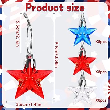 JULMELON 24 Pcs 4th of July Ornaments for Tree Patriotic Mini Star Decor