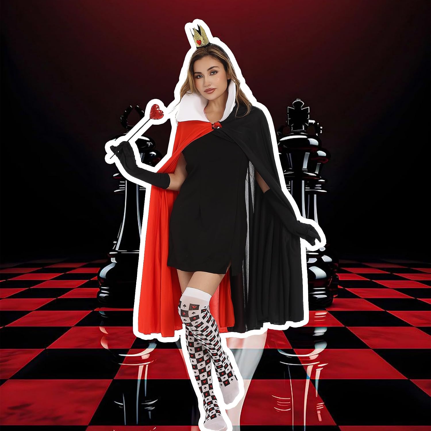 7 Pcs Queen Heart Accessories with Red and Black Cape Gloves Stockings Earrings Queen Crown Heart Wand and Collar for Adult Women Halloween Cosplay