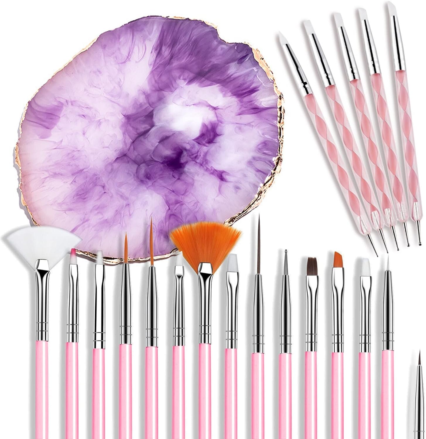AUOCATTAIL Nail Art Kit – 15 borstels, 5 stippenpennen, 1 paars harspalet – gemengde kleuren 2-weg acryl siliconen dotting pen tool – manicure kit doe-het-zelf make-up display board voor thuis salon