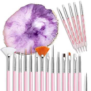 Nail Art Brushes Kit Nail Art Supplies Tools Purple Resin Palette Nail Art Painting Mixed Color 2 Way Acrylic Silicone Dotting Pen Tool Manicure Kit DIY Makeup Display Board for Home Salon 21 Pieces