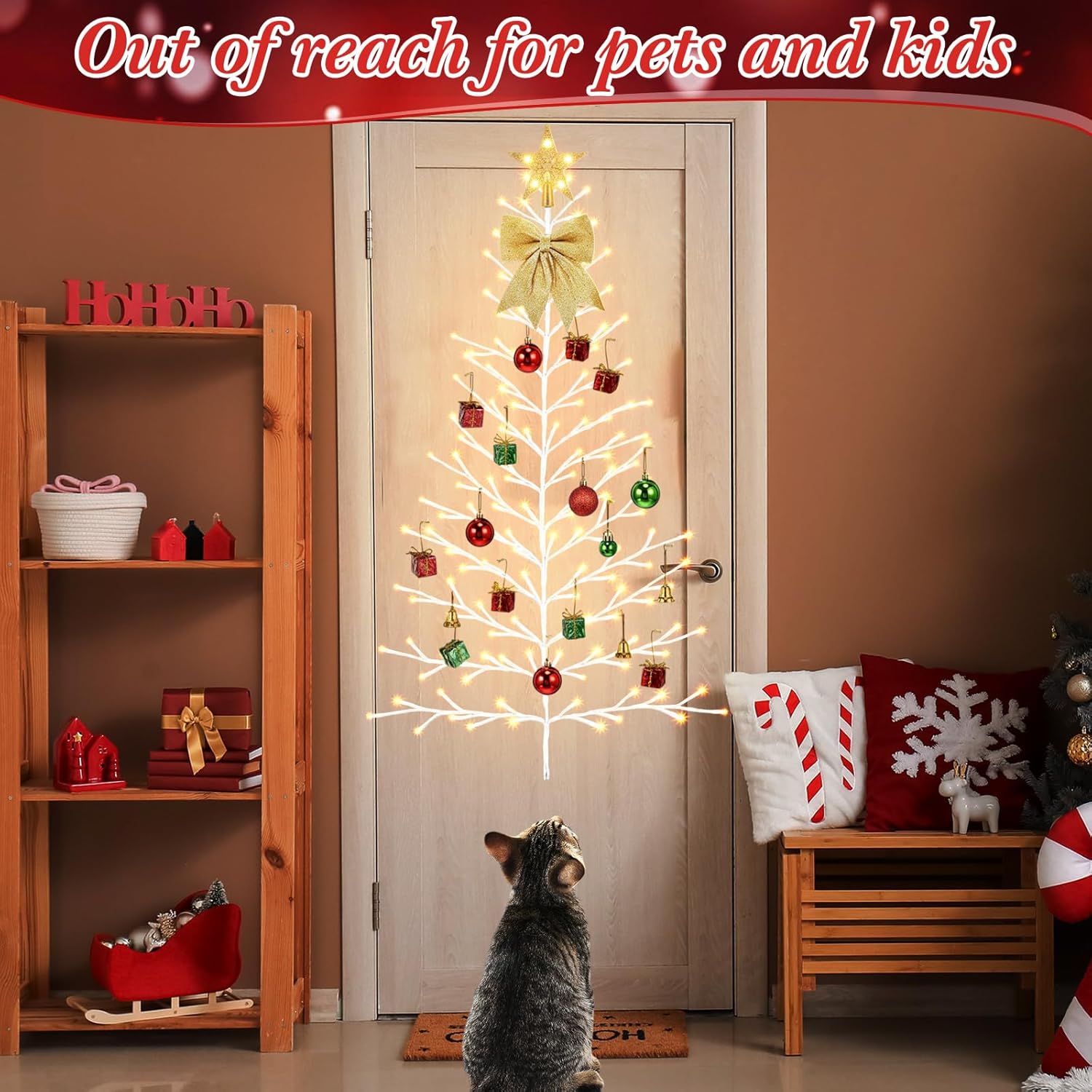 Retisee 5 ft 144 LED Wall Christmas Tree with Lights White Wall Xmas Half Hanging Tree Lights 8 Modes Plug with Remote Control, Half Decor for Living Room Office School Decor(No Christmas Ornaments)