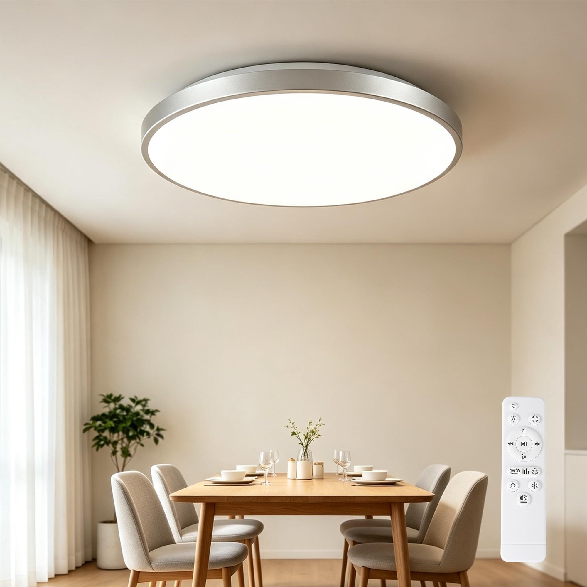 Lámpara de techo LED altavoz Bluetooth y Mando a Distancia | 24W, 40cm, Plateado, RGB, Regulable, 3000-6500K, Altavoz Bluetooth: ideal para el Salón, el Dormitorio y la Cocina
