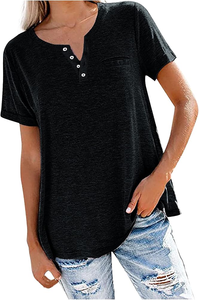 Maglietta Donna Manica Corta Scollo A V Con Bottoni, Basic Stretch In Misto Viscosa, Slim Fit Leggera, Per Estate E Ufficio, Taglie S-XL