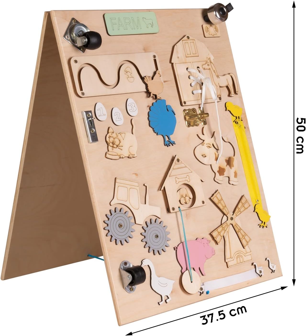 Leo Montessori Busy Board Sensory Activity Board Freestanding Wood Double Sided Natural Firm 50cm