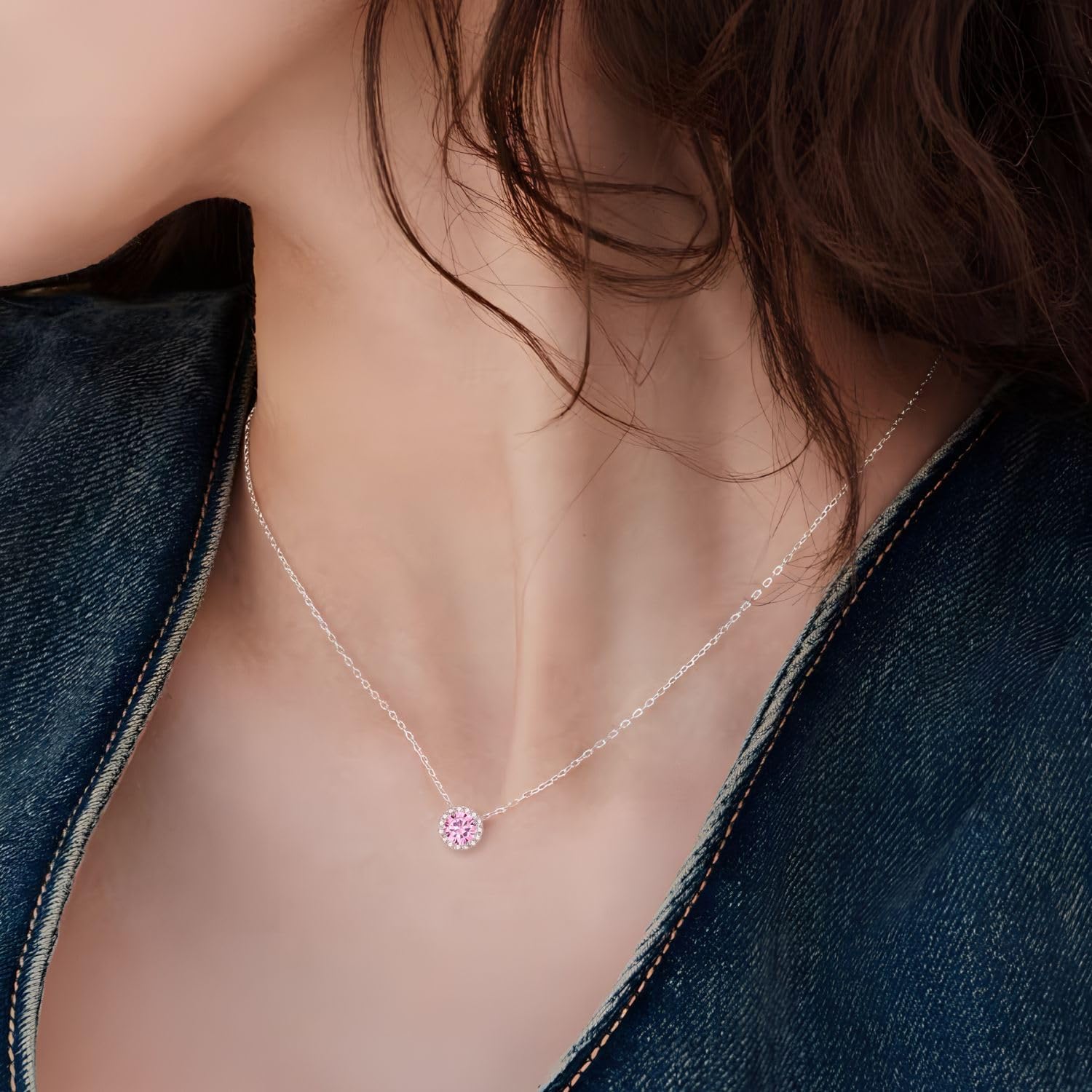 Sterling Silver Necklace for Women Dainty Pink Pendant Sparkling Halo Necklace Round Solitaire Pendant Diamond Jewelry Pink - Image 2