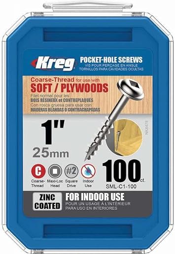 KREG  Zinc Pocket-Hole Screws - 25mm/1.00", #8 Coarse-Thread, Maxi-Loc , 500-count