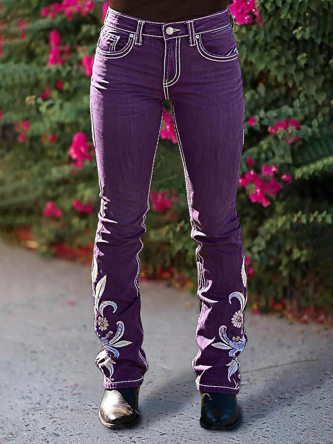 Flamingals Women's Mid Waist Bootcut Jeans Floral Embroidery Flap Pocket Trendy Vintage Pants - Image 2