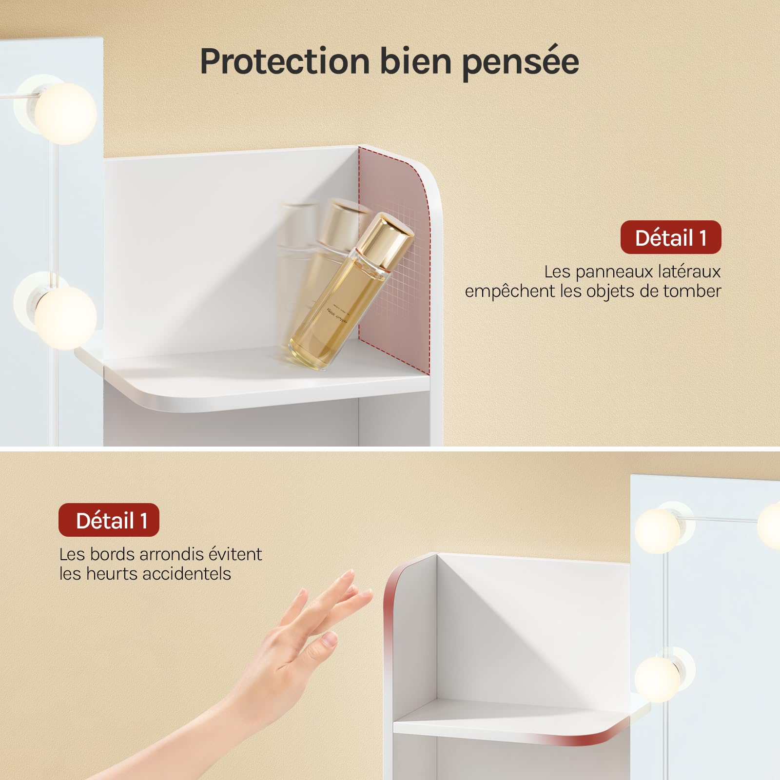 WOLTU Coiffeuse avec Miroir LED à Luminosité Réglable, Coiffeuse avec Rangement, 2 Tiroirs & 4 Étagères, Table de Maquillage Blanche en Bois, Meuble Chambre Style Moderme, Blanc