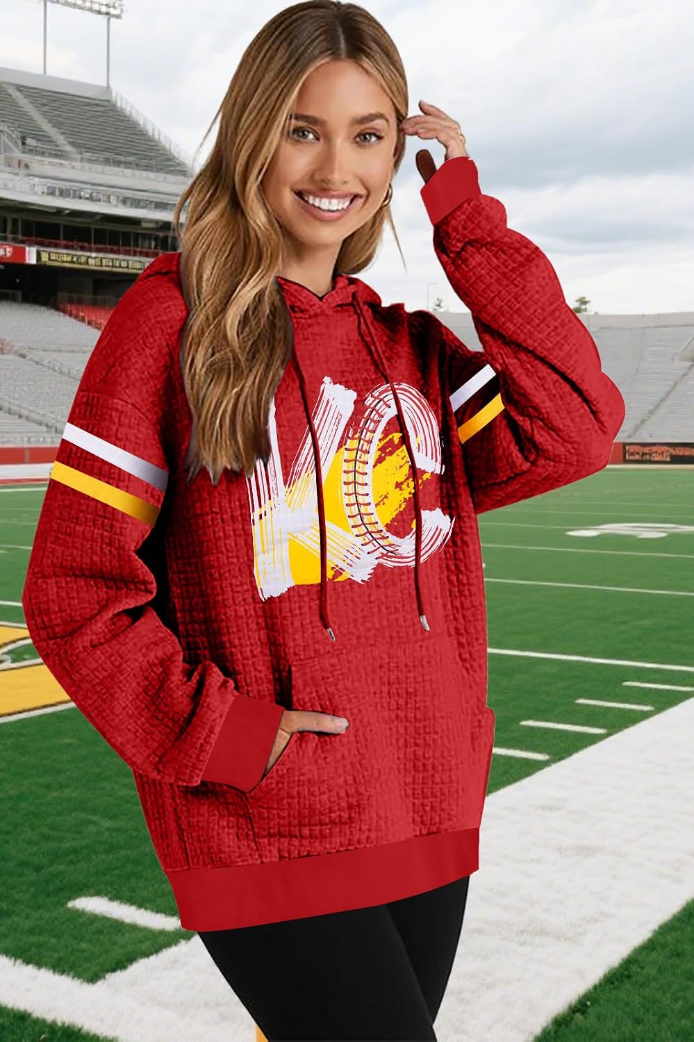 BANGELY Game Day Hoodie Women Football Graphic Sweatshirt Football Team Fan Pullover Football Season Waffle Knit Weekend Tops