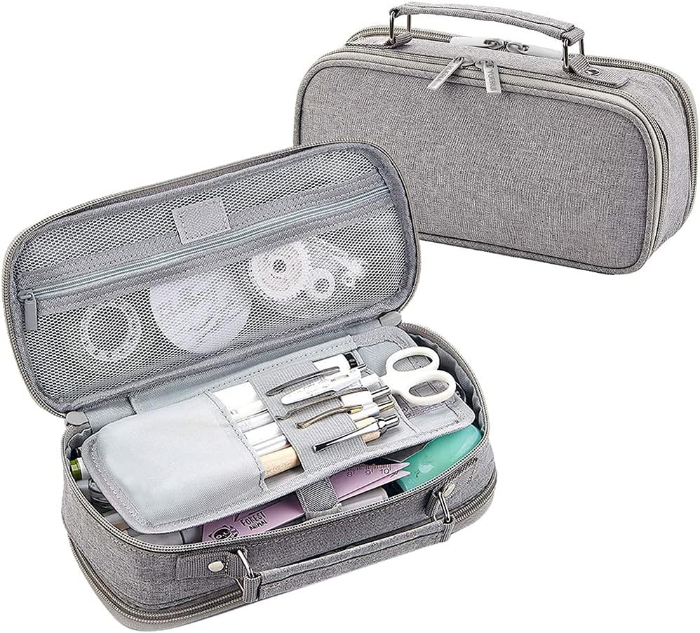 Pencil Girls Boys Large Capacity Canvas Case for School Work 2 Compartment Cosmetic Storage Bag Gray, 24x11x7 cm - Image 4