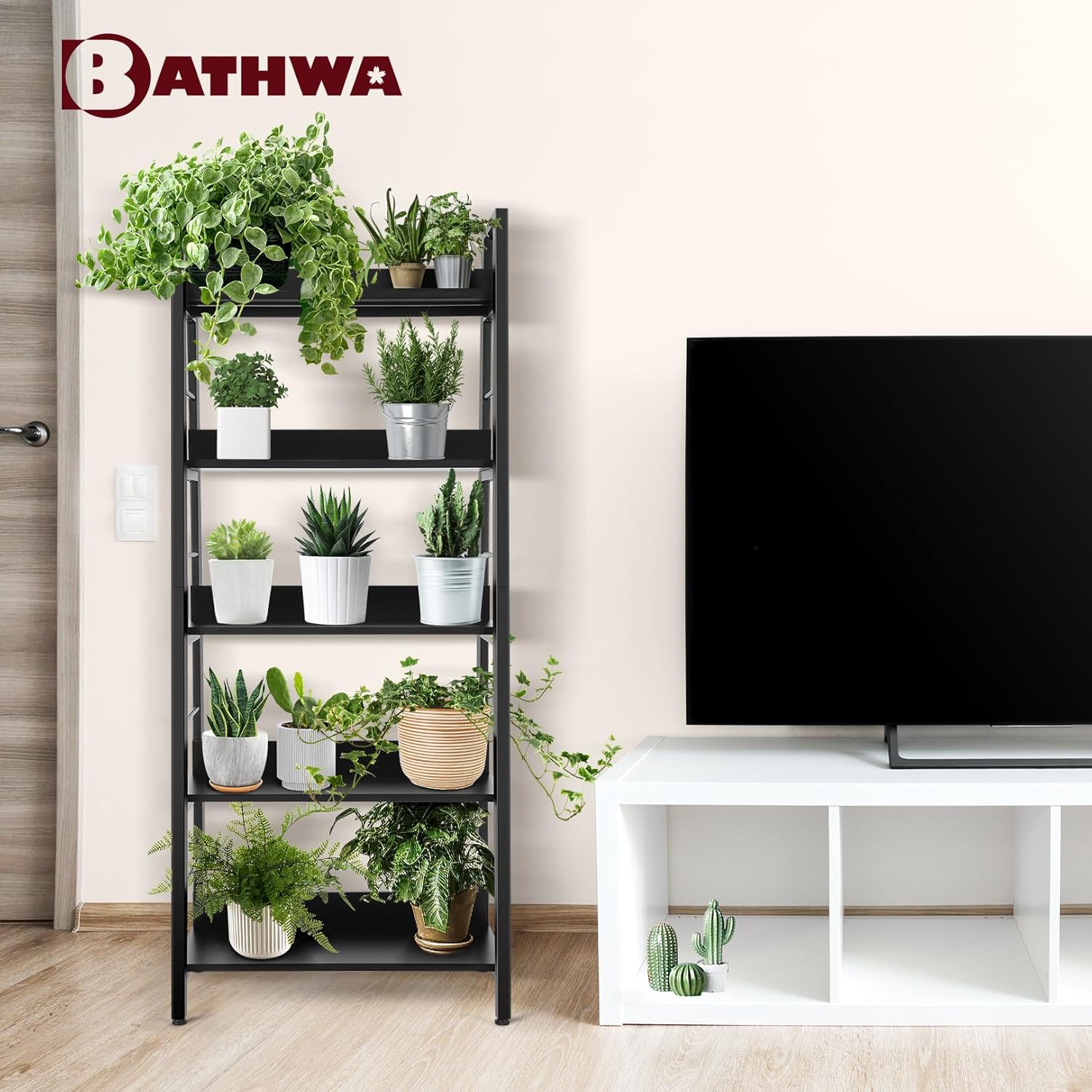 BATHWA 5 Tier Book Shelf, Black Industrial Open Wood and Metal Ladder Bookshelf, 59''H 24''W Wooden Ladder Shelf for Small Places, Living Room, Bedroom