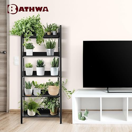 Miniatura 6 de BATHWA Estantería para libros de 5 niveles, estantería industrial de madera abierta y metal, estante de escalera de madera de 59 pulgadas de alto y