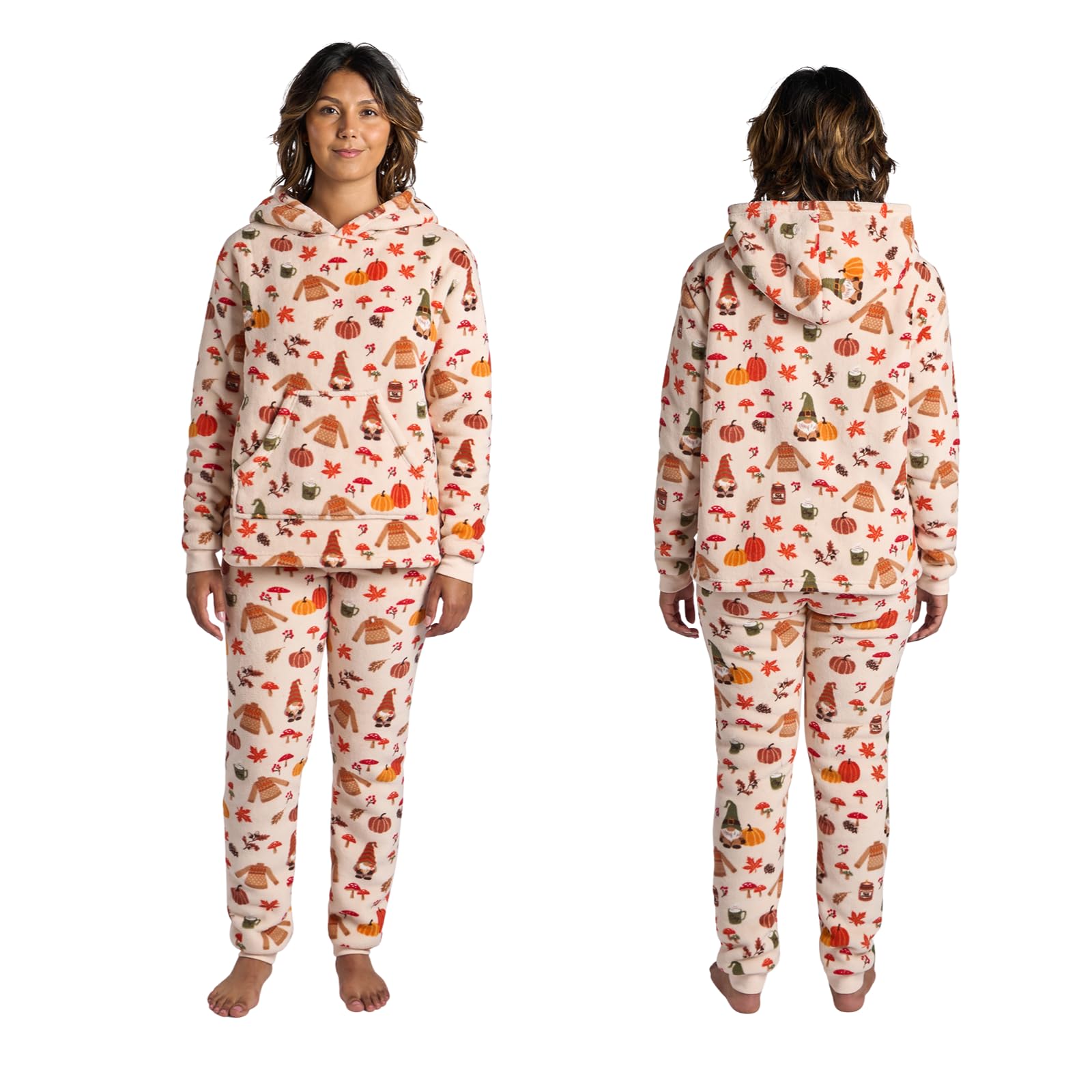 OHS Autumn Print Sherpa Fleece Pyjama Set - Hooded Loungewear - Beige - S - Fleece - Female
