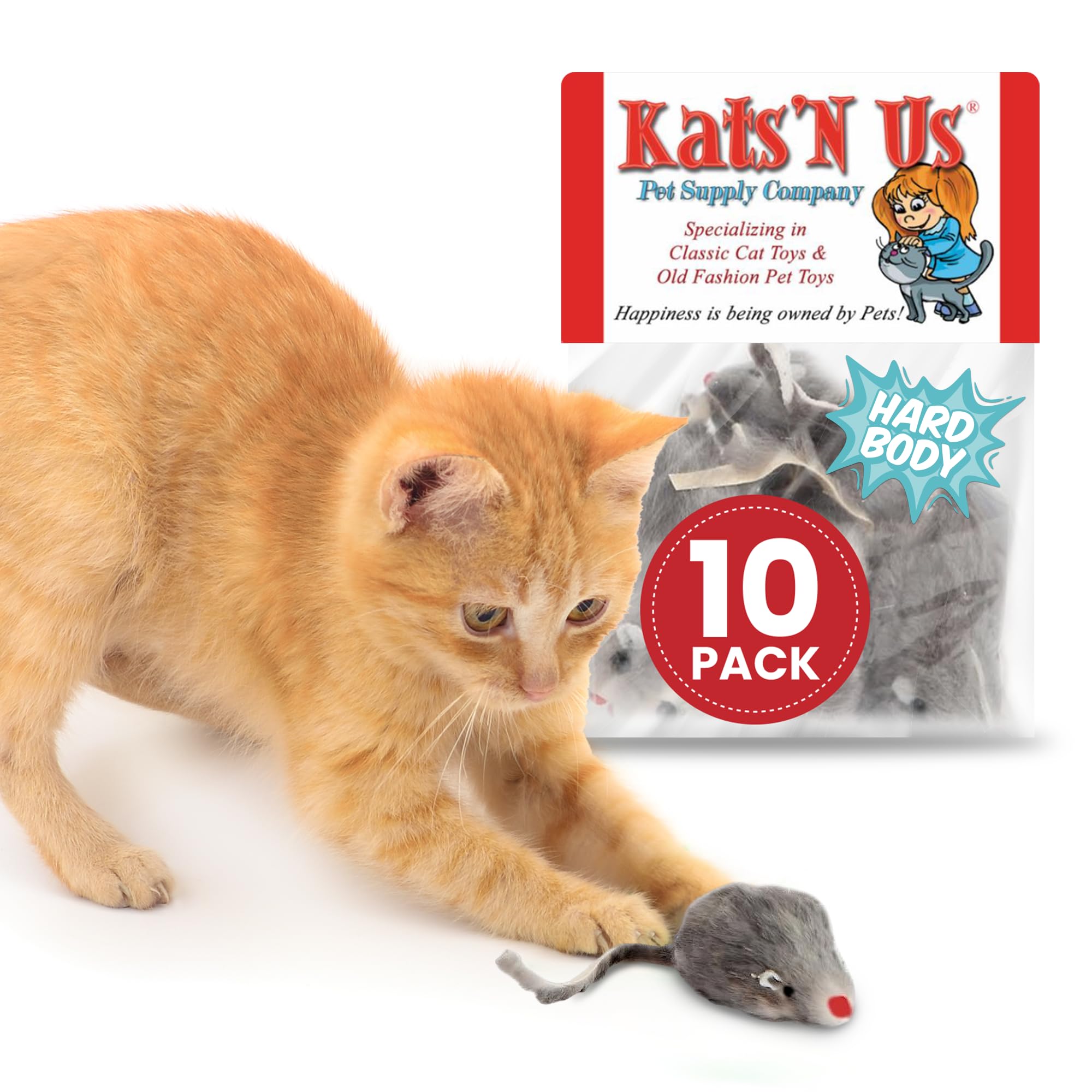 Kats'N Us Real Rabbit Fur Mouse Cat Toy - Hard Body - Interactive Cat Toys, Real Fur Mice, 10 Pack Gray NO Rattle