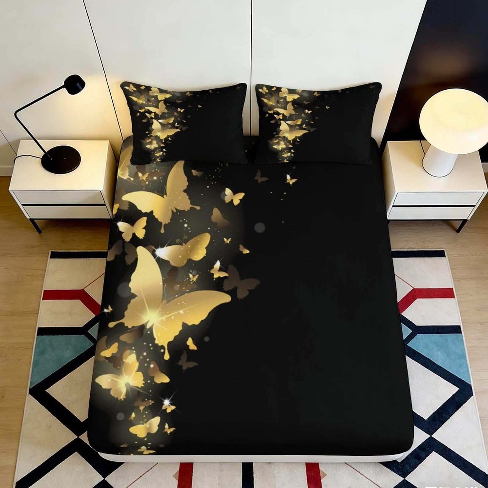3D Printed Golden Butterfly Fitted Sheet Microfiber Deep Pocket Bedroom Bedding Golden Butterfly Mattress Fitted Cover Non-Slip Washable for Adults Teens 90x200x25cm
