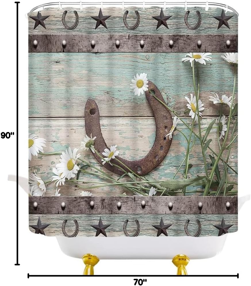 Rustic Horseshoe Shower Curtain Teal Daisy Floral Farmhouse Spring Country Natural Vintage Wood Board Texas Western Star Fabric Bathroom Decor Curtains with Hooks, 90" Wx70 H