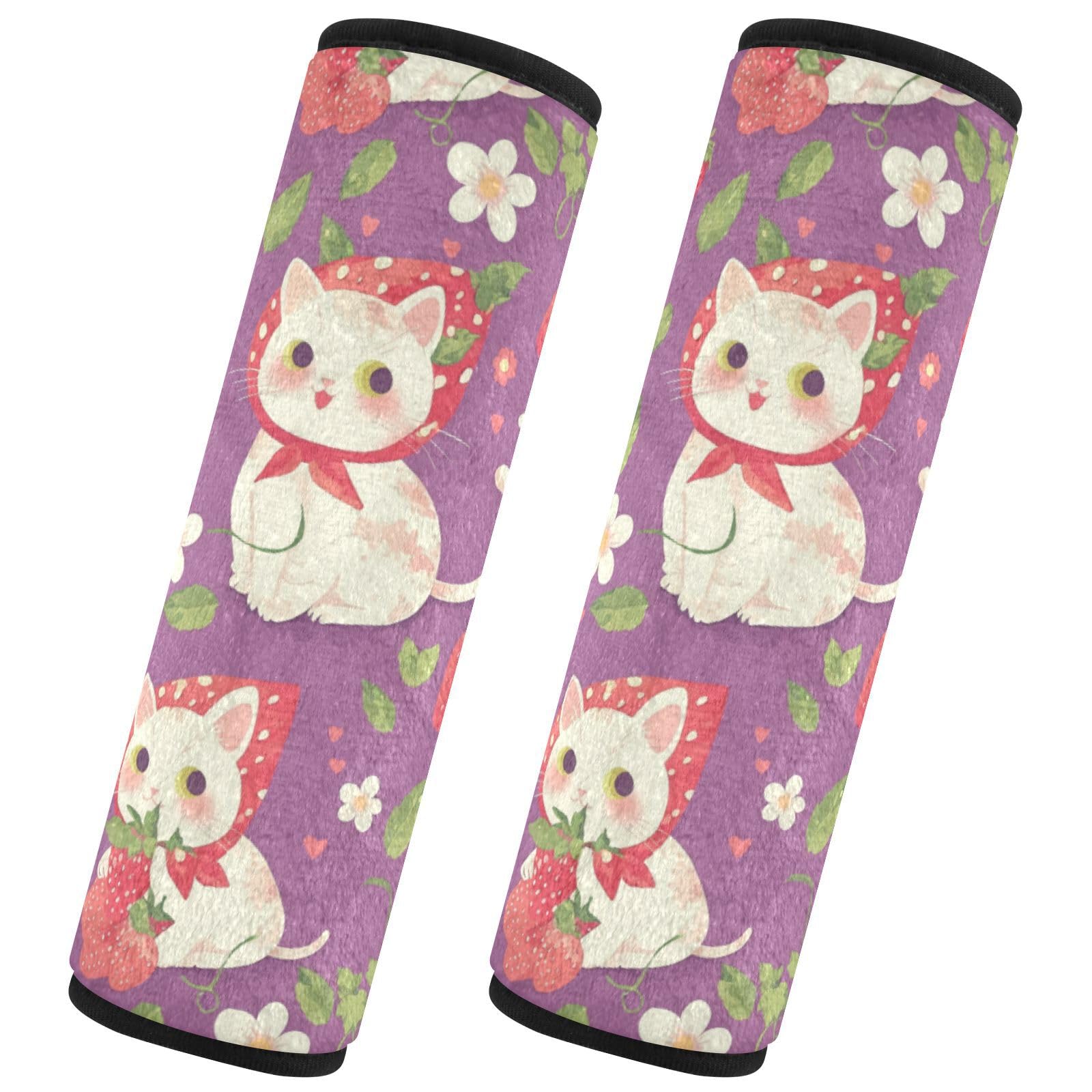 Seat Belt Covers 2 Pack Cute Cat Strawberry Car Seat Strap Covers Super Soft Flowers Car Seat Neck Cover for Boys Girls Adults Babies S