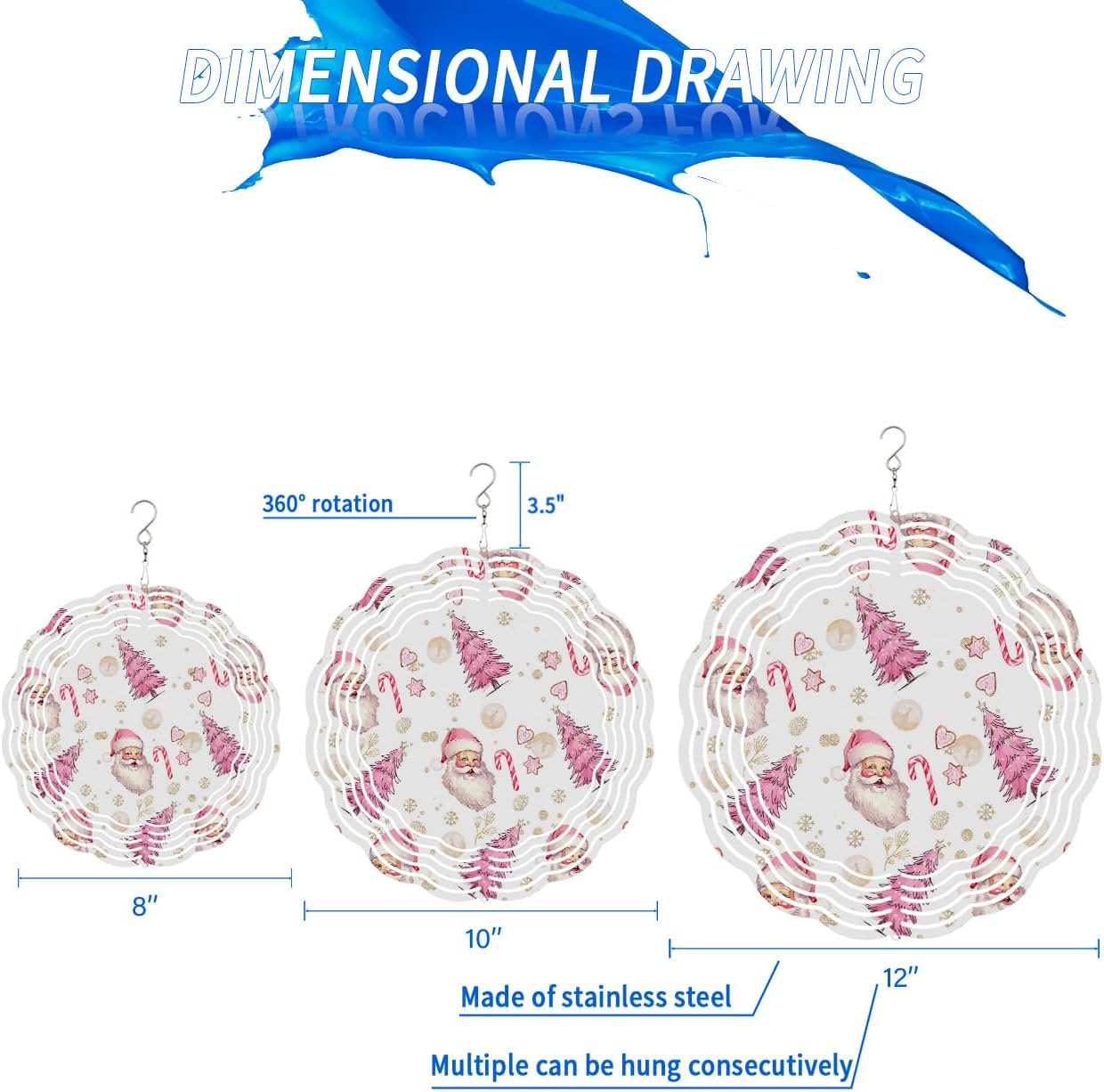 Christmas Wind Spinners, Xmas Tree Santa Claus Pink Candy Snowflake Hanging Wind Spinners for Yard and Garden 3D Stainless Steel Metal Sculptures Crafts Ornaments 12 Inch