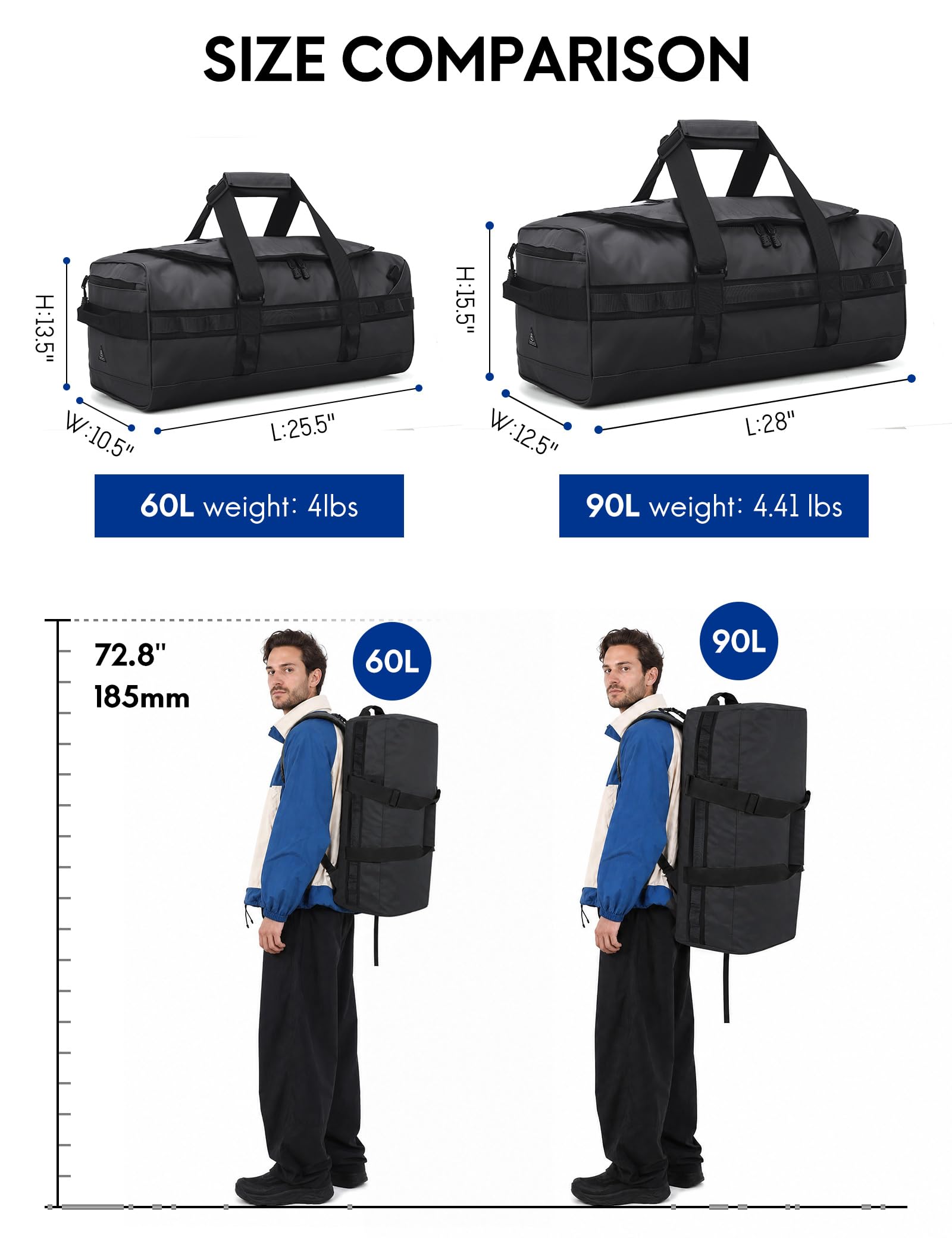 Haimont Mochila deportiva grande con correas para senderismo, viajes, fin de semana y entrenamiento, Negro -, 60L US, Bolsa de lona