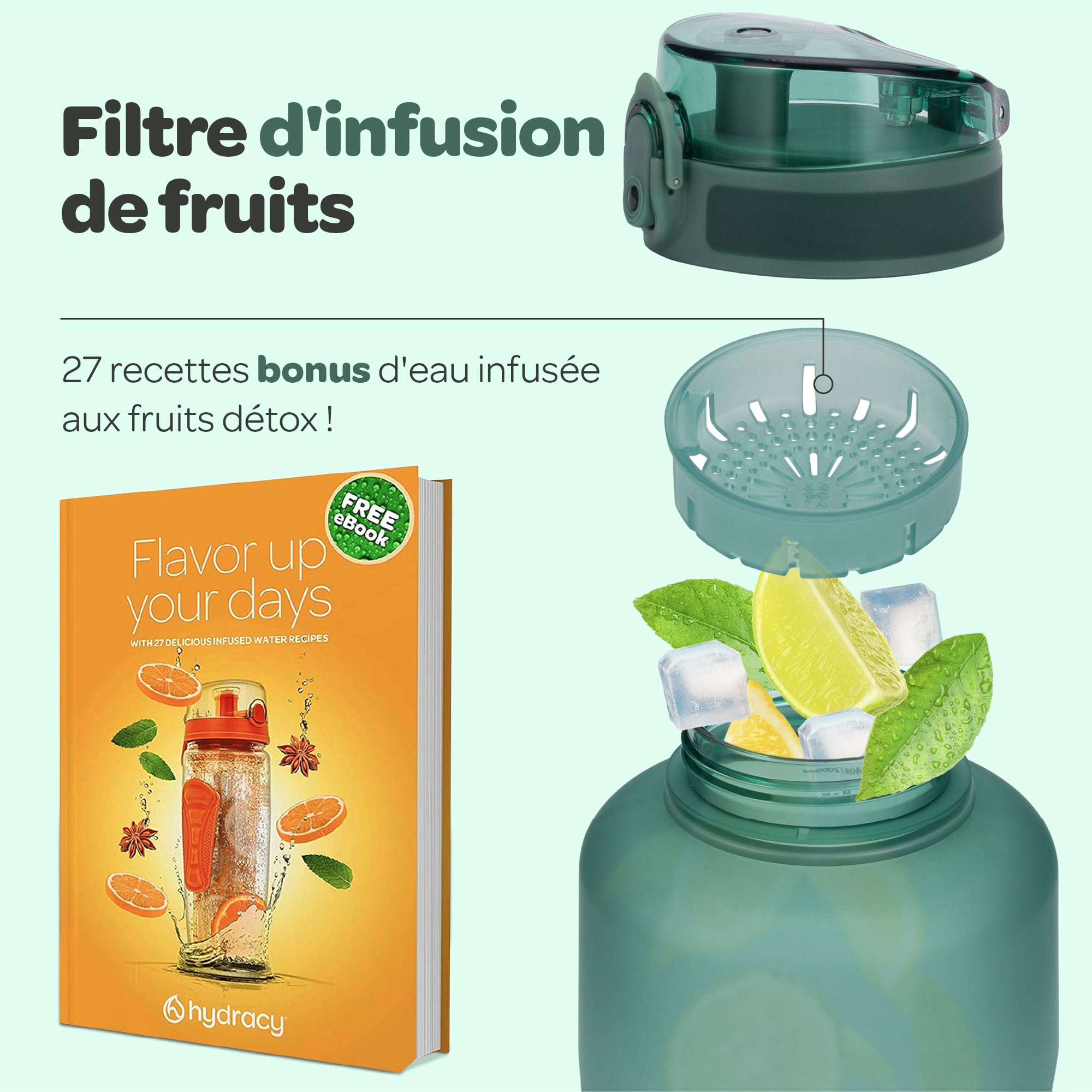 Hydracy Bouteille d'Eau 2L sans BPA avec Marqueur de Temps, Infuseur, Verrouillage Sécurisé, Housse Néoprène, Étanche, Anti-Fuite, Réutilisable, Légère