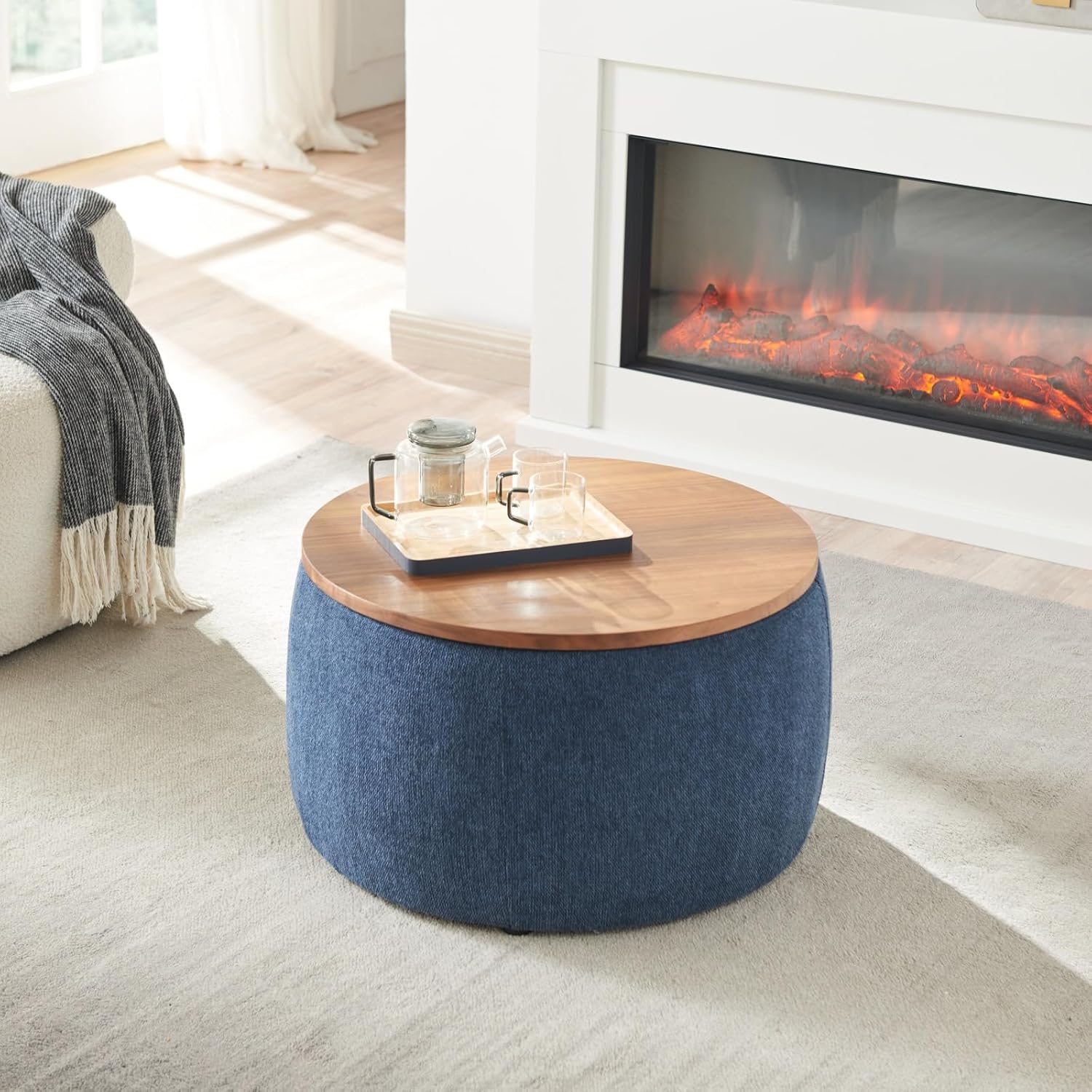 Round Storage Ottoman, 2 in 1 Function, Work as End Table and Ottoman, Navy (25.5"x25.5"x14.5")