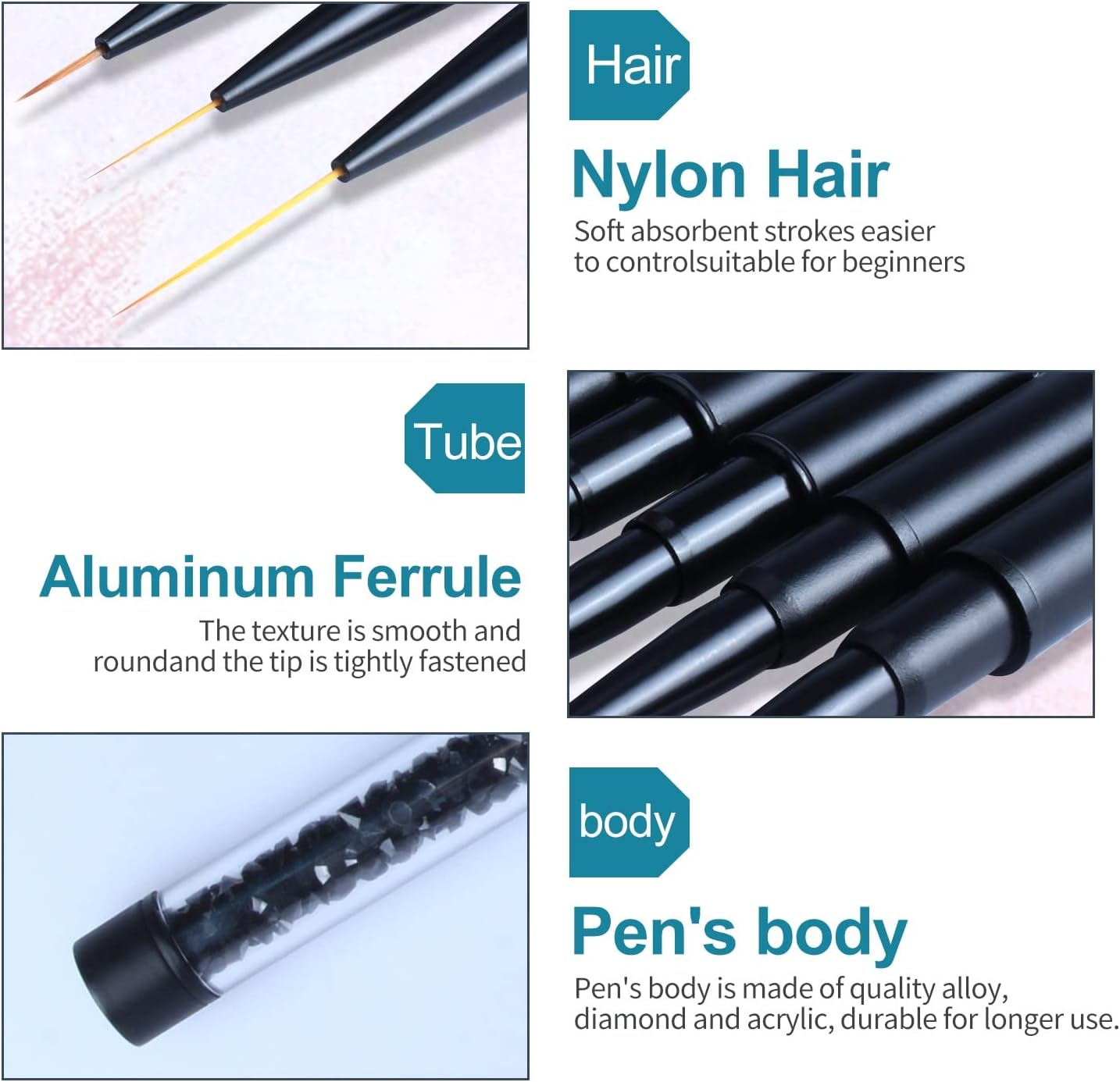 Matte Black Acrylic Nail Brush Nail Art Painting Pen Brush UV Gel Polish Rhinestone Crystal Acrylic Nail Drawing Tools