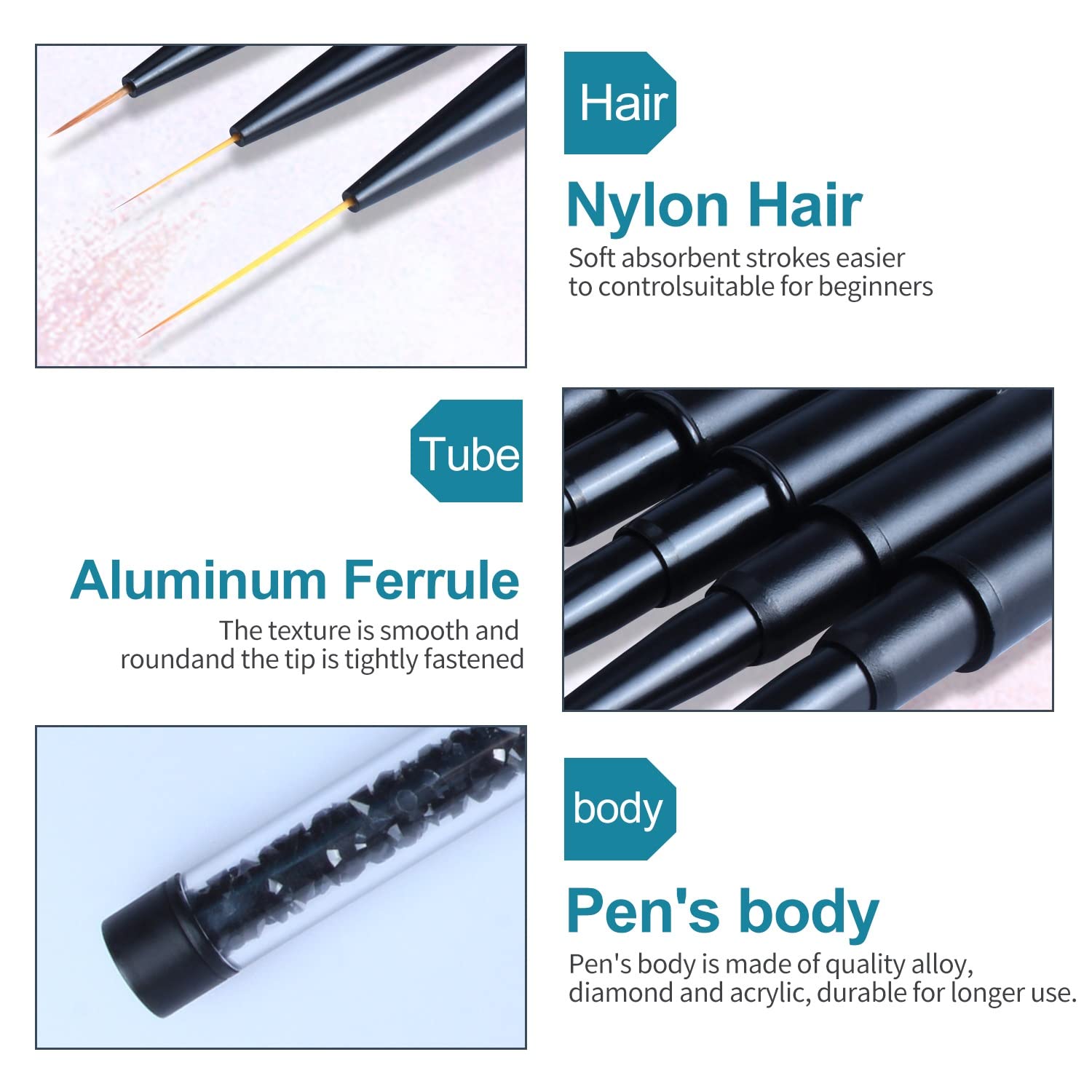 N/A Pennello per unghie acrilico nero opaco Pennello per pittura per nail art Pennello per gel UV Smalto per unghie in cristallo acrilico con strass WolFums