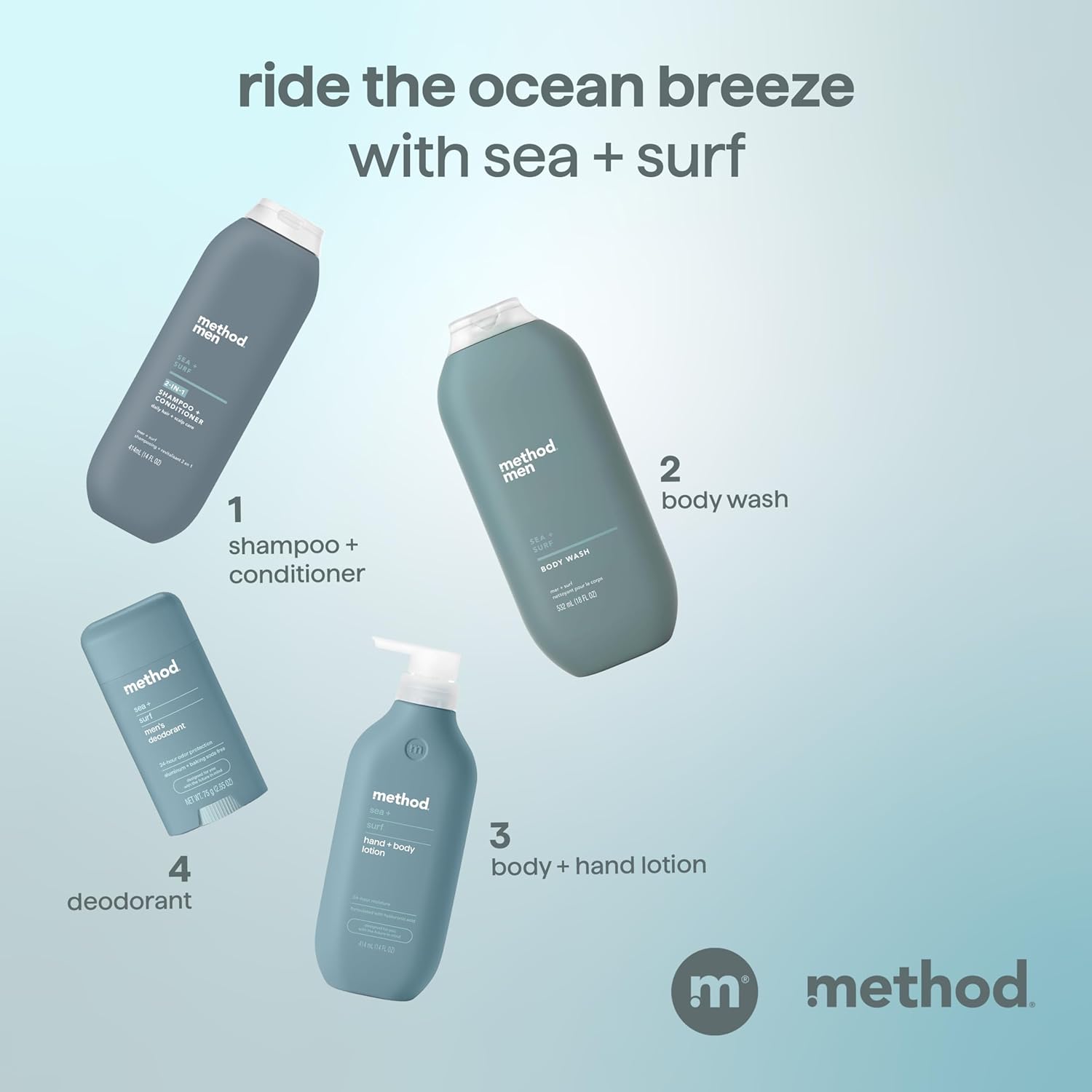 Method Men 2-in-1 Shampoo and Conditioner, Sea + Surf - Cleans and Conditions with Argan and Jojoba Oil - Made without Parabens - 14 oz, Pack of 3