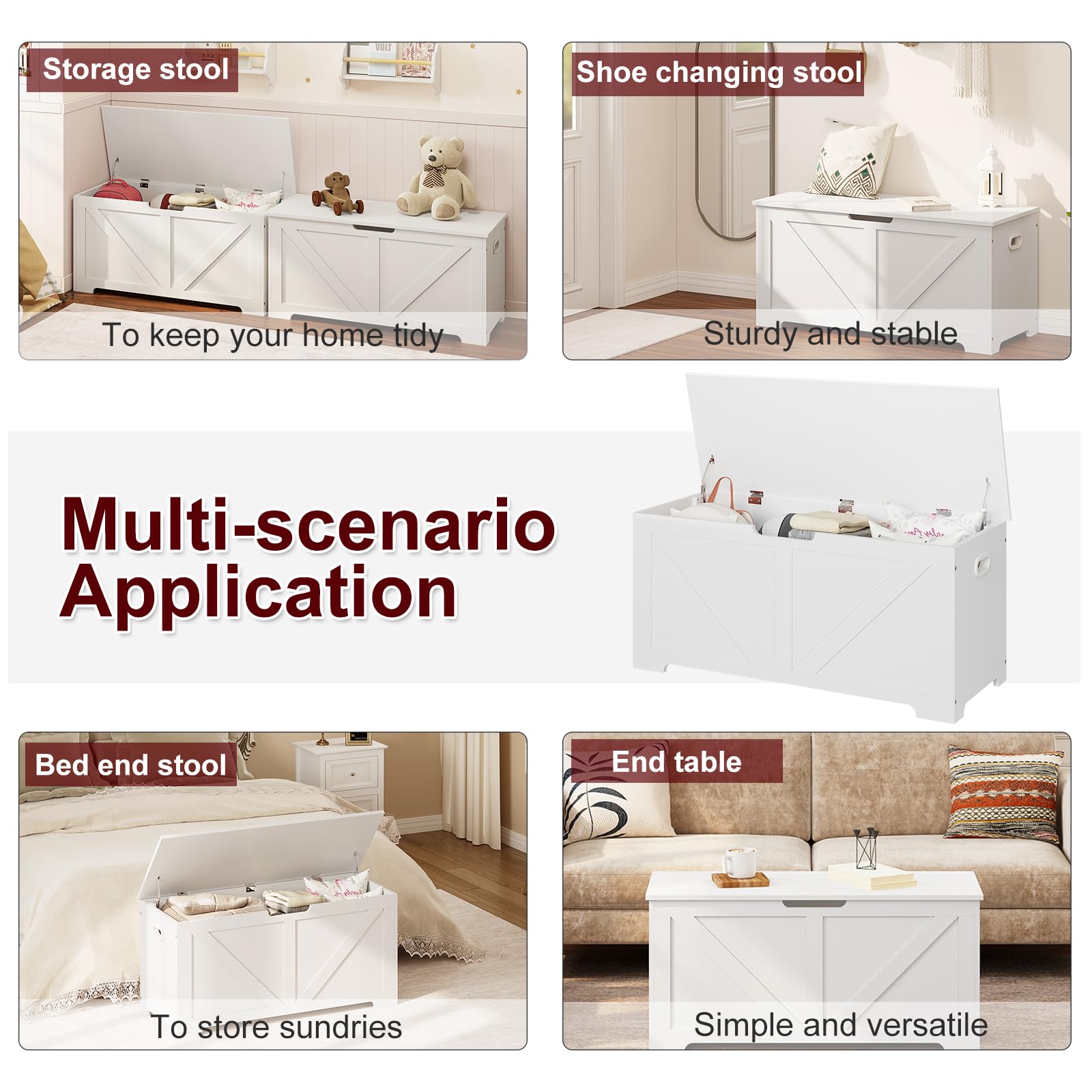 WOLTU Banco de Almacenaje, Baul Blanco 100x40x47 cm, Baúl Almacenaje de 76 L, Puff Organizador con Asiento, Madera, para Pasillo, Entrada, Dormitorio