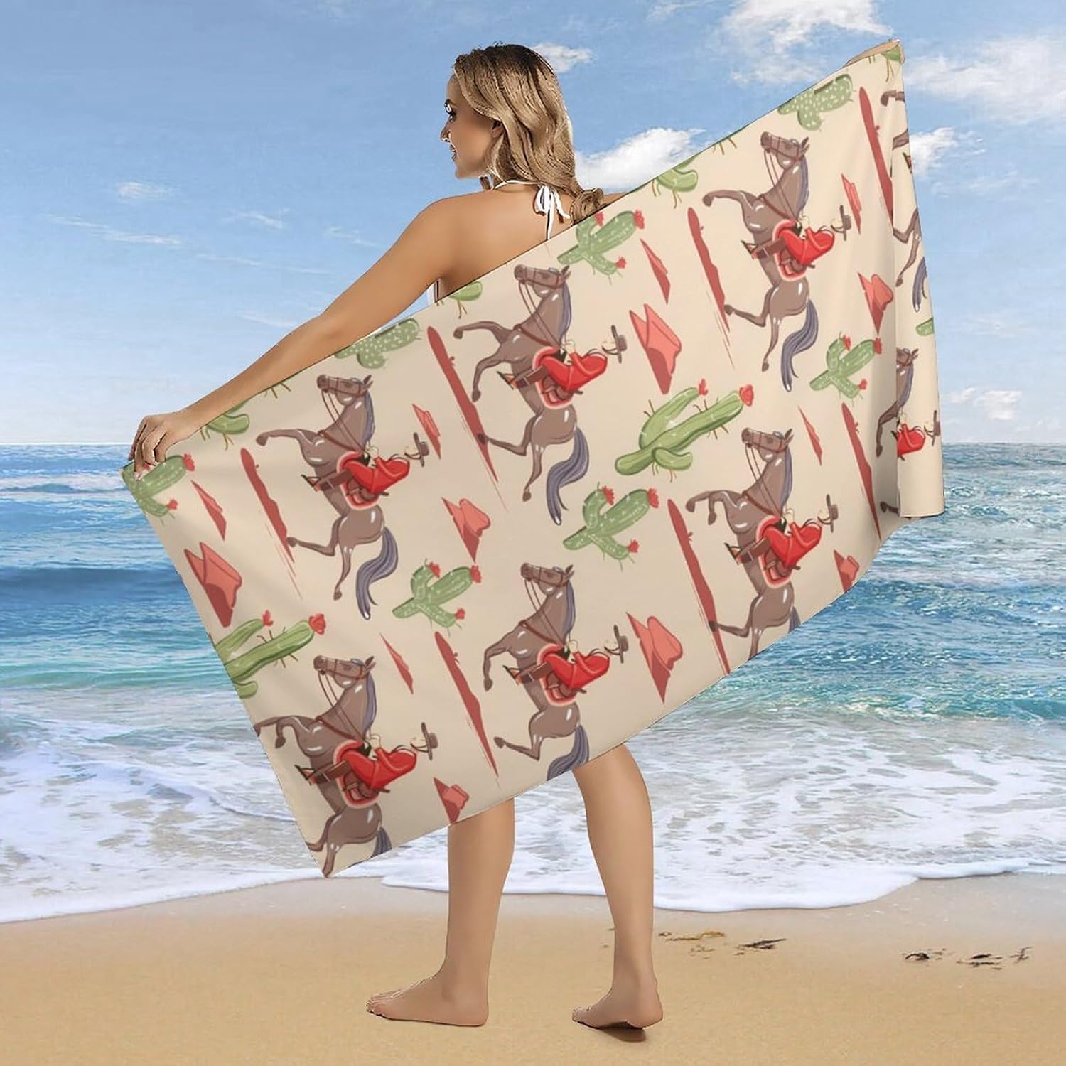 Riding Horse in Wild Tropical Cactus Bath Towel Beach Towels Quick Dry Oversized Bath Blanket Highly Absorbent Towel for Women Men 160x80cm
