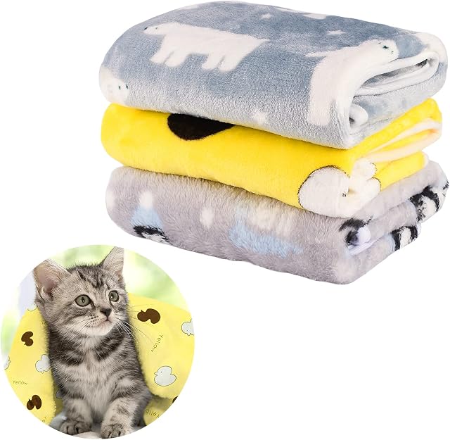 SIVEIS Pet Blanket Cushion Dog Cat Fleece Blankets Pet Washable Sleep Mat Bed Cover Soft Warm Blanket for Cute Animals, Gray, Yellow, Blue, 60 x 40 cm 3 Pack