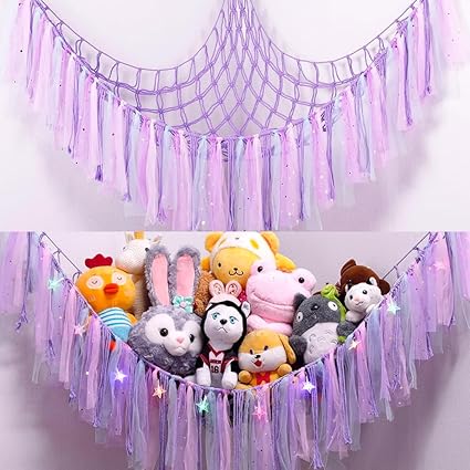 PATPAT DIY Stuffed Animal Toy Hammock Girls Room Decoration Plush Toy Hanging Storage Net Dreamy Purple Tassle Ribbon Hanging Net Self Adhesive Hanging Decorative Net Wall Corner Triangle Hangings