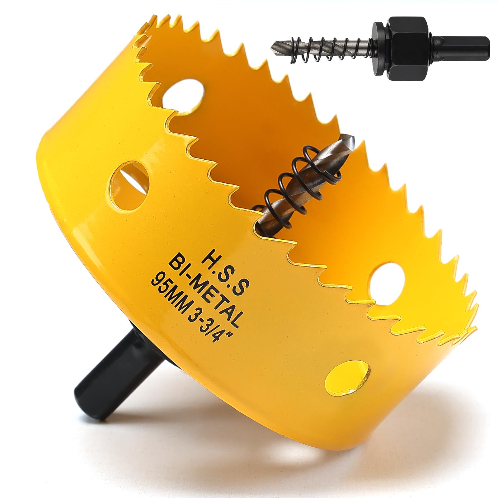 95mm Hole Saw, HSS Bi-Metal Hole Cutter with Drill Bit for Wood Plastic, PVC, Fiberglass and Plasterboard, Yellow
