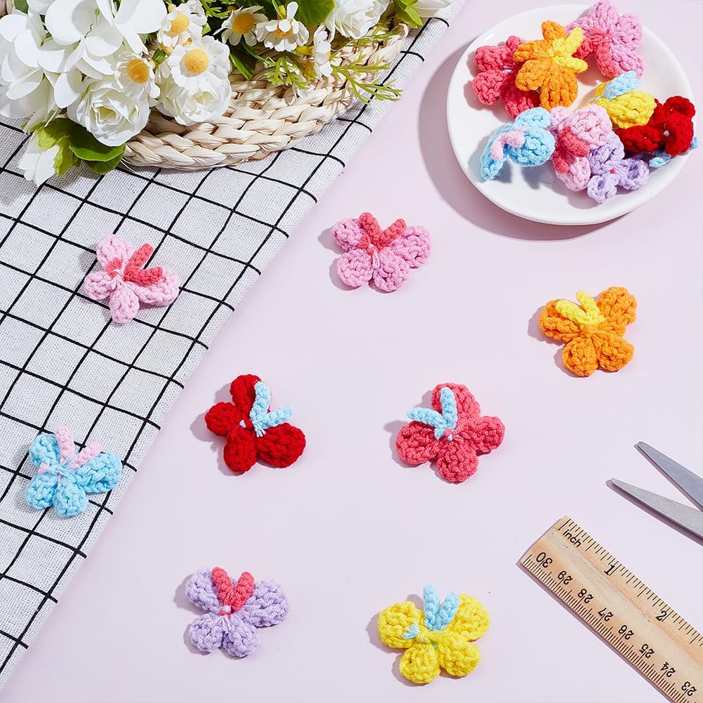 FREEBLOSS 16Pcs Crochet Butterfly Applique Handmade Crocheted Butterfly Embellishments Colorful Sew On Patches Crochet Knitted Handmade Applique for Clothes, Bags Arts Crafts DIY Decor 1.57''